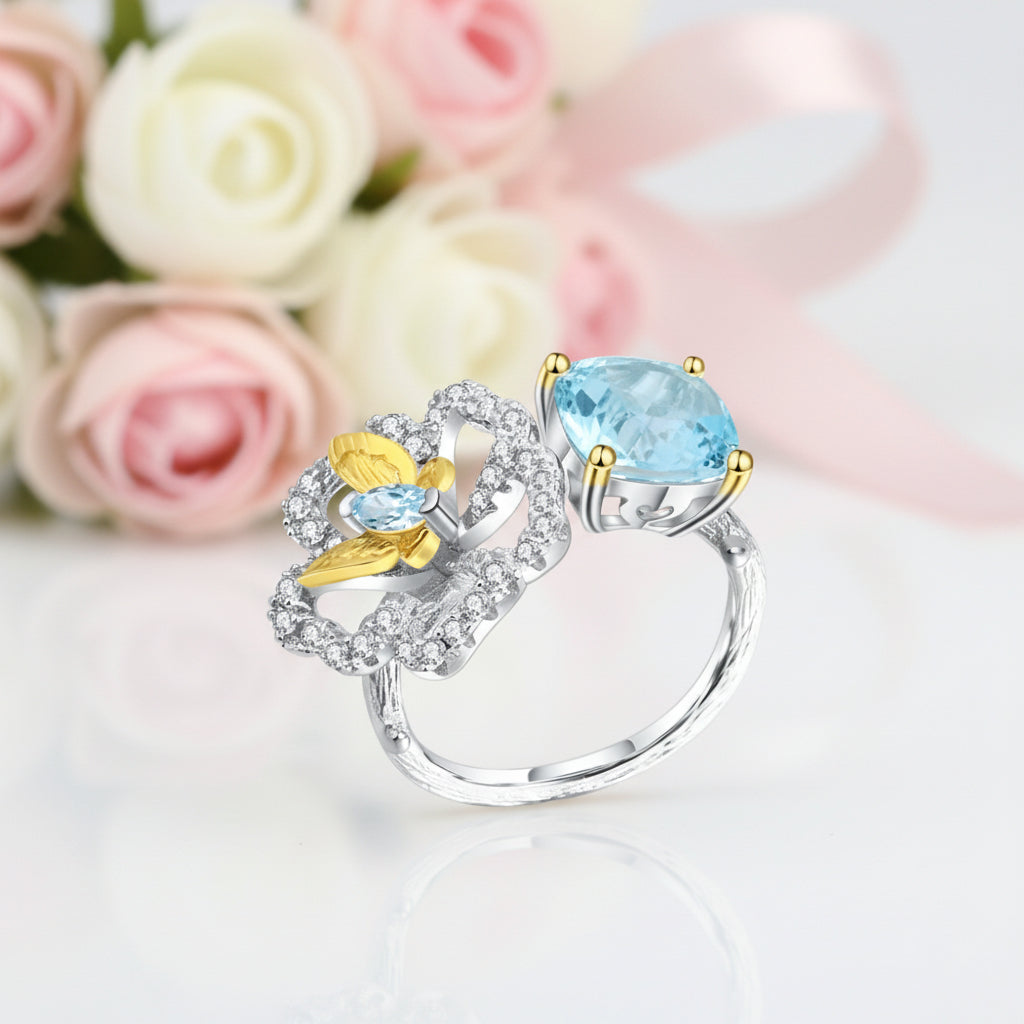Red Agate Butterfly & Flower Ring-Black Diamonds New York
