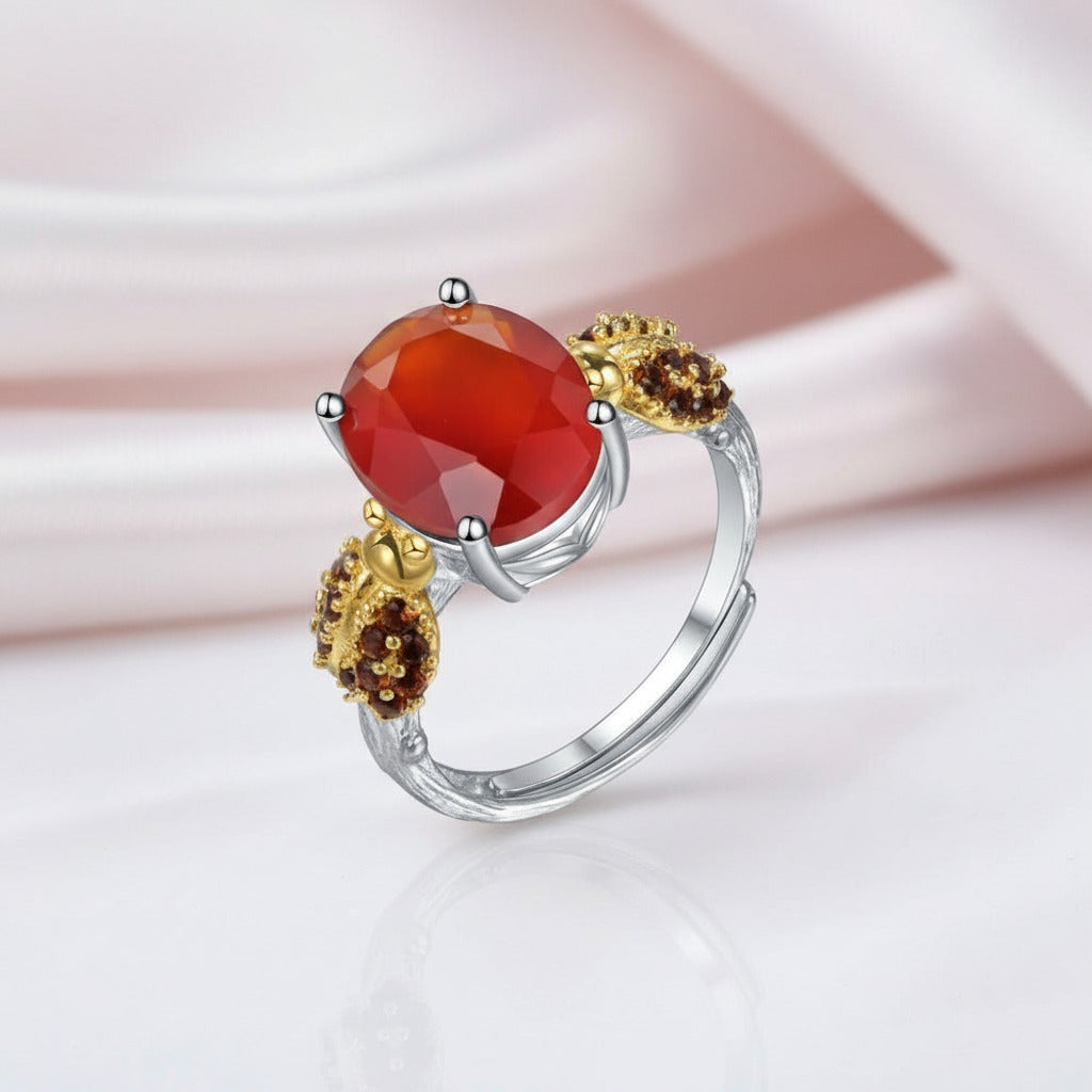 Red Agate Gemstone Adjustable Ring-Black Diamonds New York