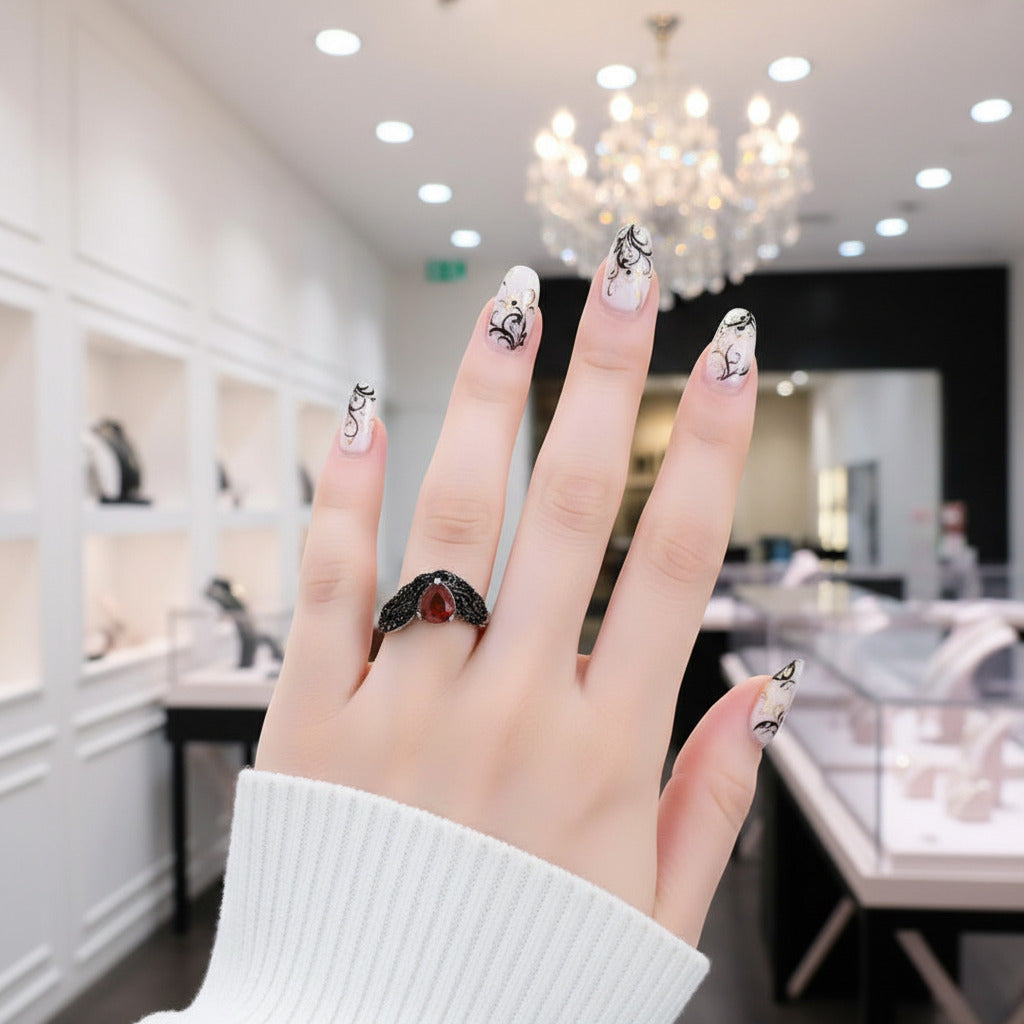 Red Garnet Black Swan Feather Wing Ring-Black Diamonds New York