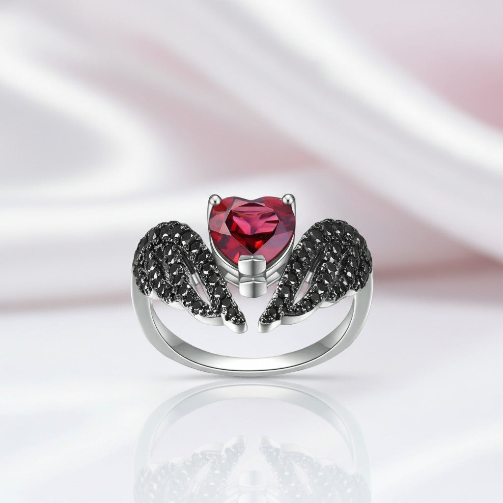 Red Garnet Black Swan Feather Wing Ring-Black Diamonds New York