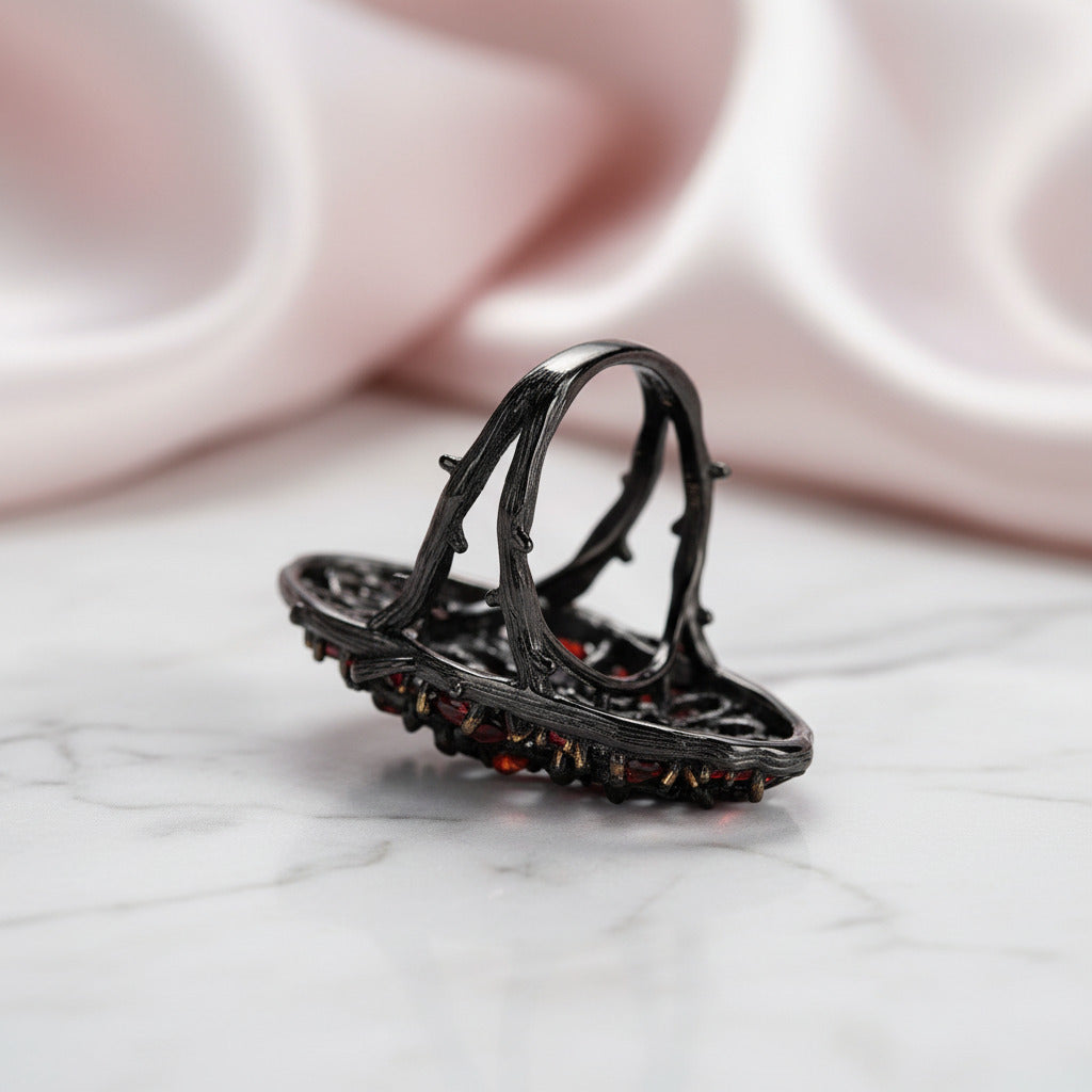 Red Garnet Flower Buds Bird Rings-Black Diamonds New York