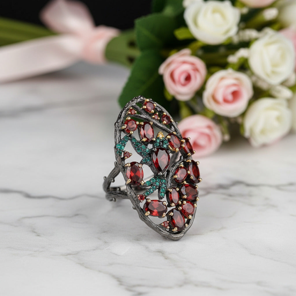 Red Garnet Flower Buds Bird Rings-Black Diamonds New York