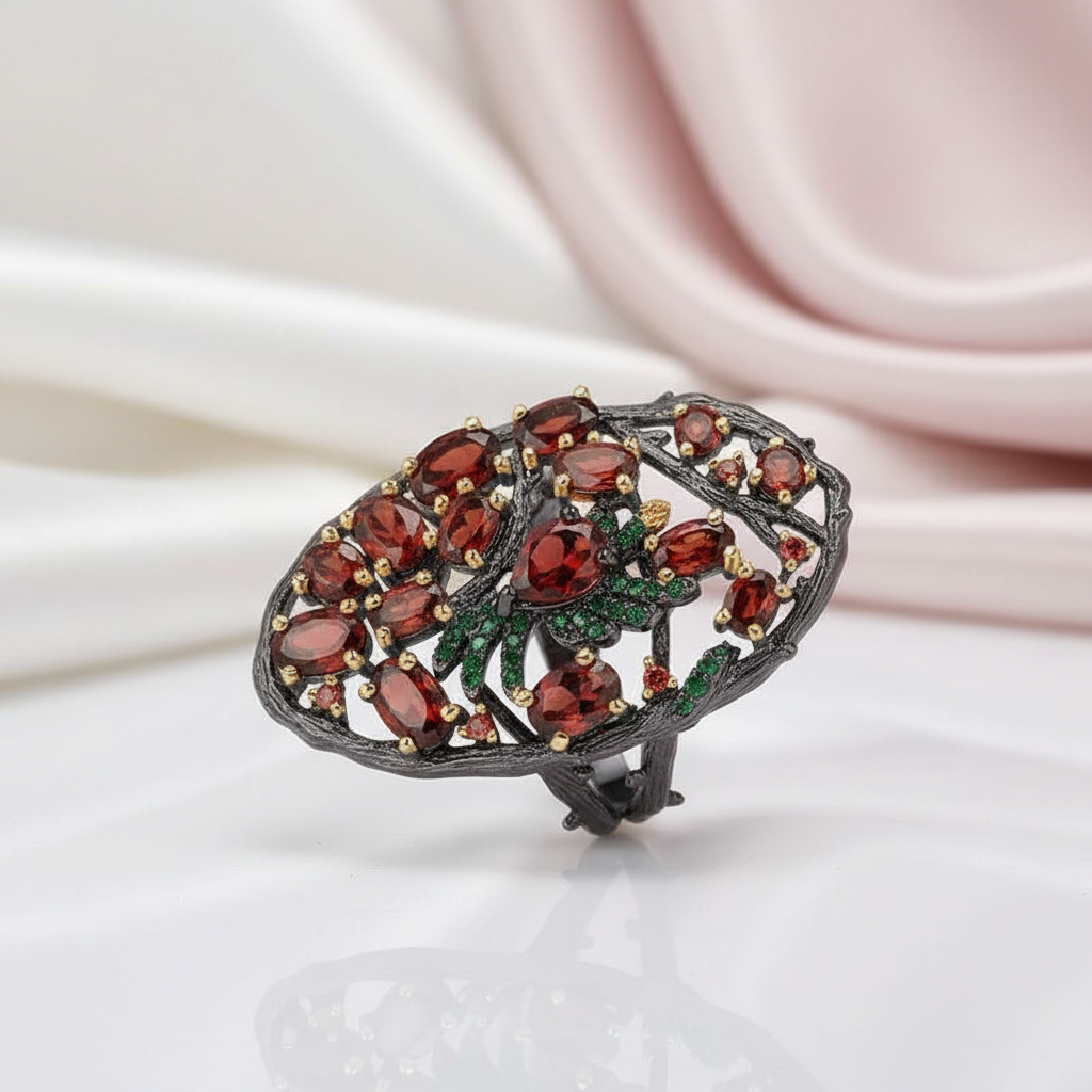Red Garnet Flower Buds Bird Rings-Black Diamonds New York