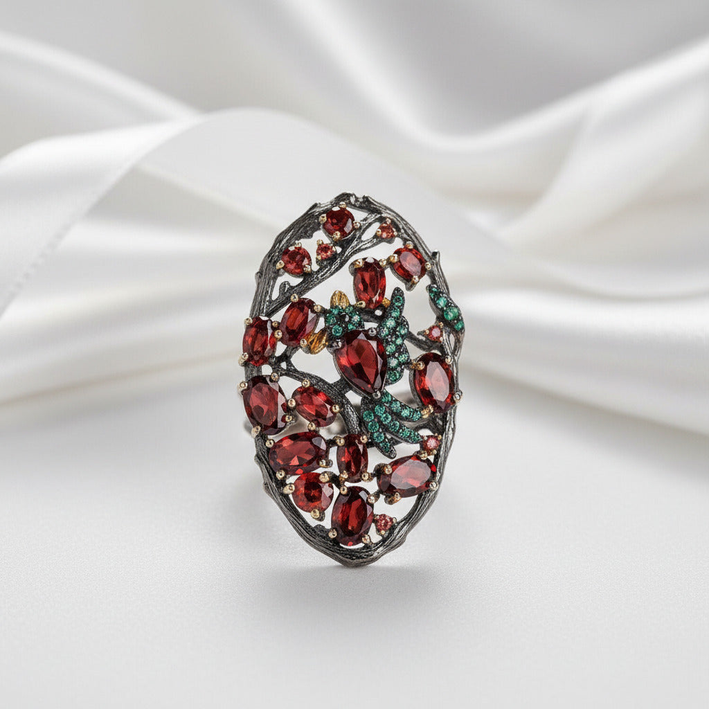 Red Garnet Flower Buds Bird Rings-Black Diamonds New York