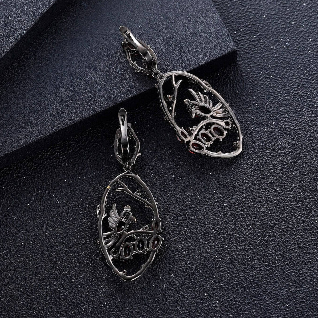 Natural Red Garnet Gemstone Flower Buds Bird Earrings-Black Diamonds New York