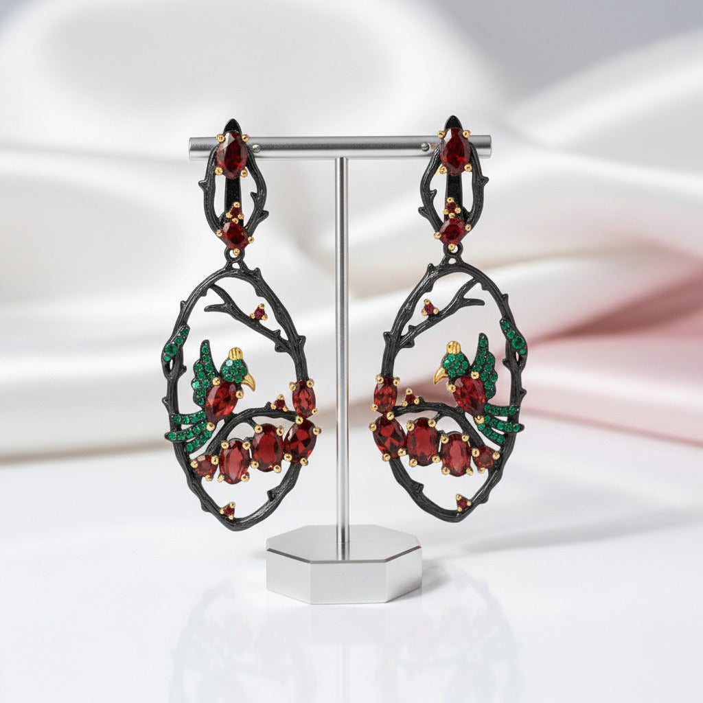 Red Garnet Gemstone Flower Buds Bird Earrings-Black Diamonds New York