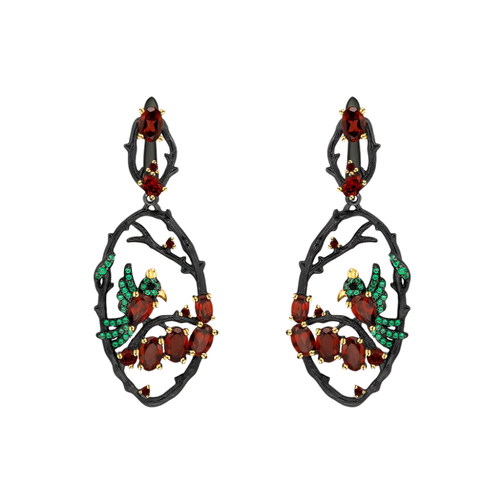 Natural Red Garnet Gemstone Flower Buds Bird Earrings-Black Diamonds New York