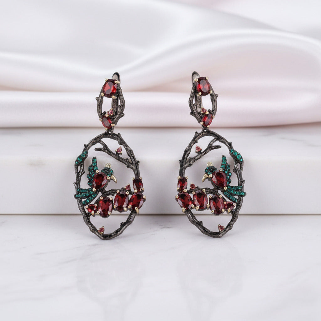 Red Garnet Gemstone Flower Buds Bird Earrings-Black Diamonds New York