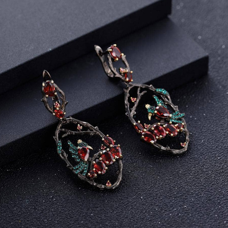 Natural Red Garnet Gemstone Flower Buds Bird Earrings-Black Diamonds New York