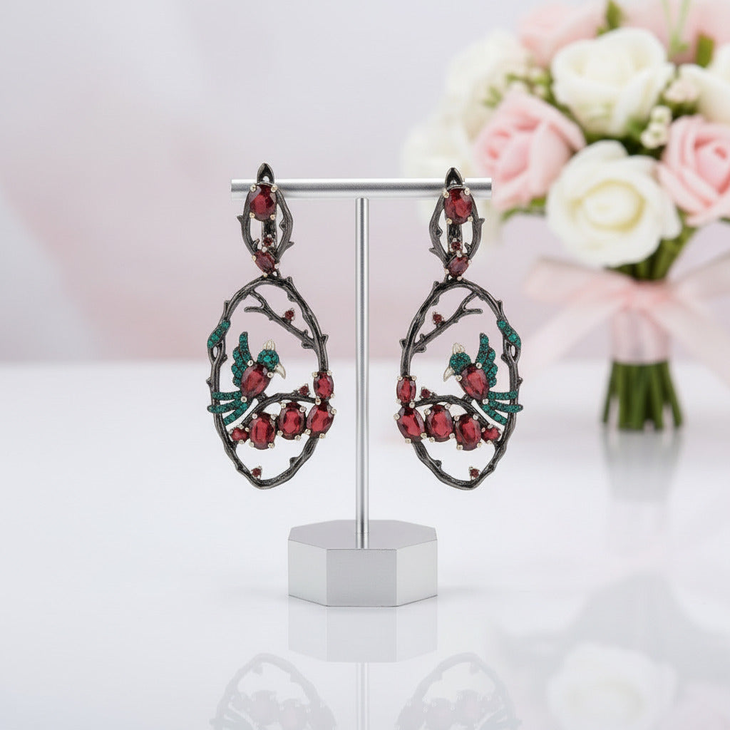 Red Garnet Gemstone Flower Buds Bird Earrings-Black Diamonds New York