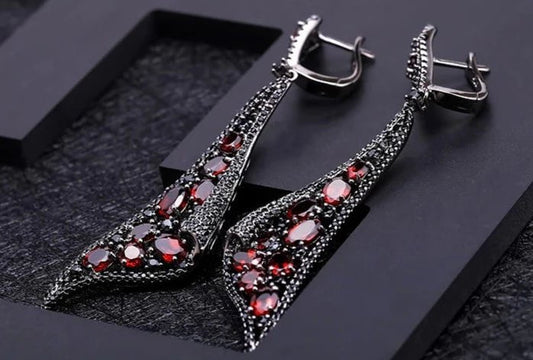 Natural Red Garnet Gemstone Gothic Punk Drop Earrings-Black Diamonds New York