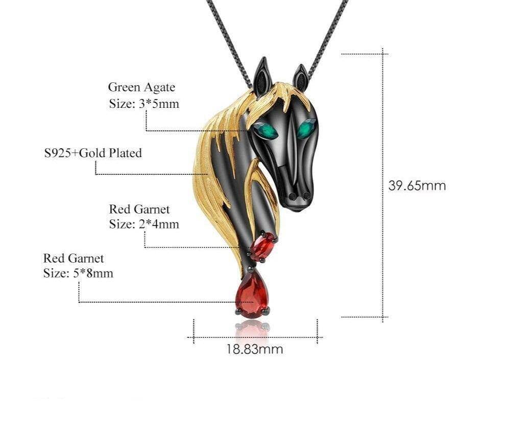 Natural Red Garnet Gemstone Handmade Horse Pendant-Black Diamonds New York