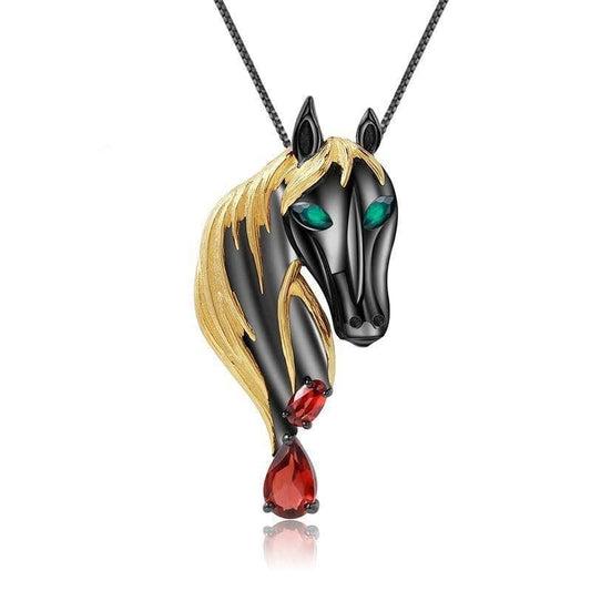 Natural Red Garnet Gemstone Handmade Horse Pendant - Black Diamonds New York