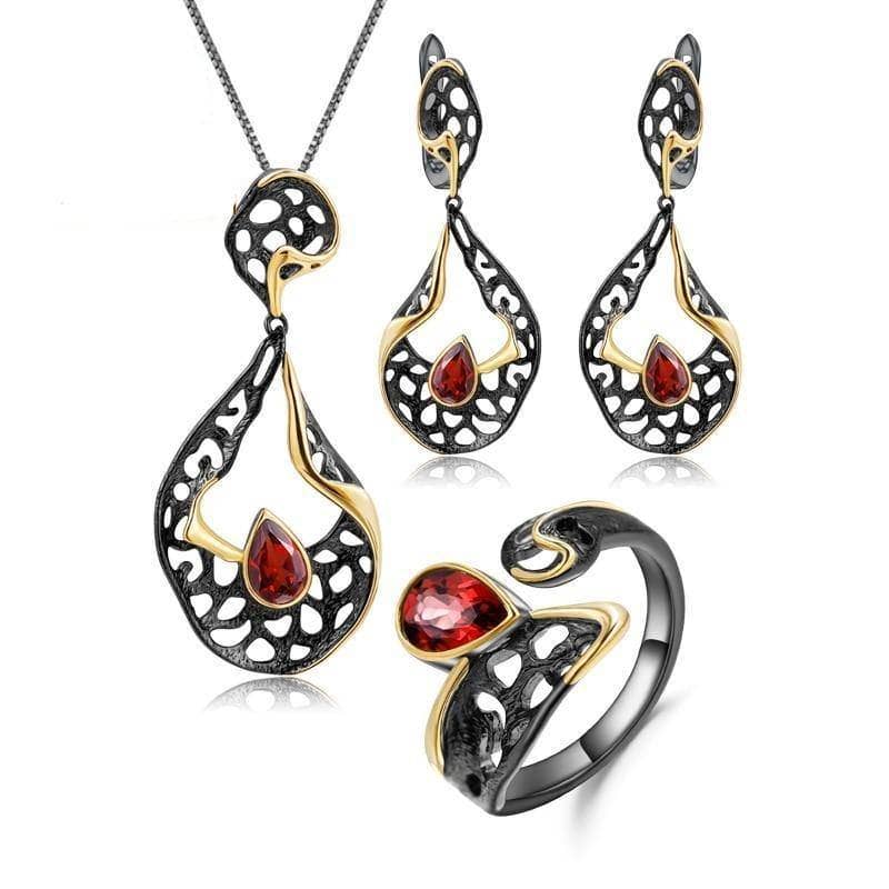 Natural Red Garnet Gemstone Jewelry Set-Black Diamonds New York