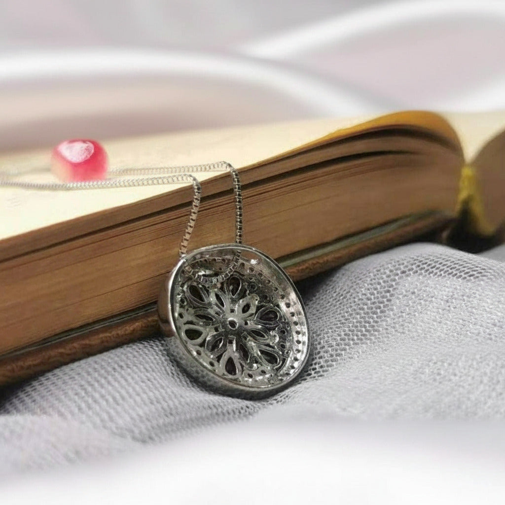 Natural Red Garnet Gemstone Round Pendant Necklace-Black Diamonds New York