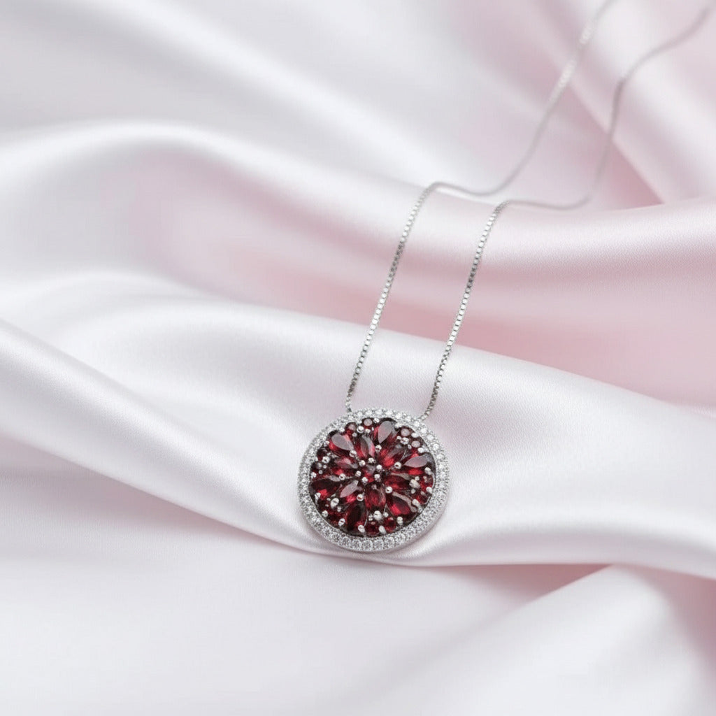 Natural Red Garnet Gemstone Round Pendant Necklace-Black Diamonds New York