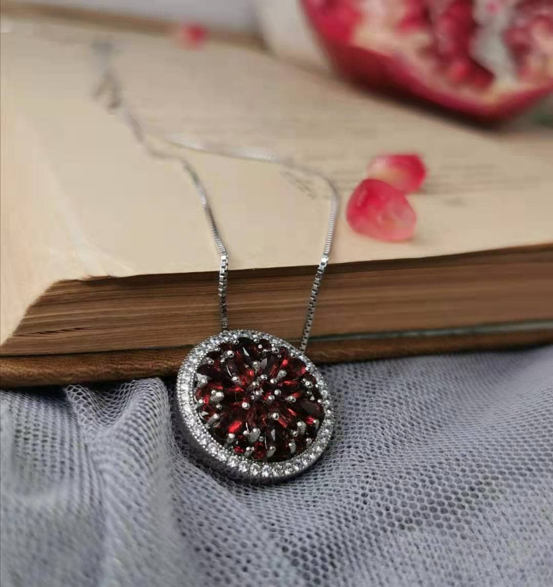 Natural Red Garnet Gemstone Round Pendant Necklace-Black Diamonds New York