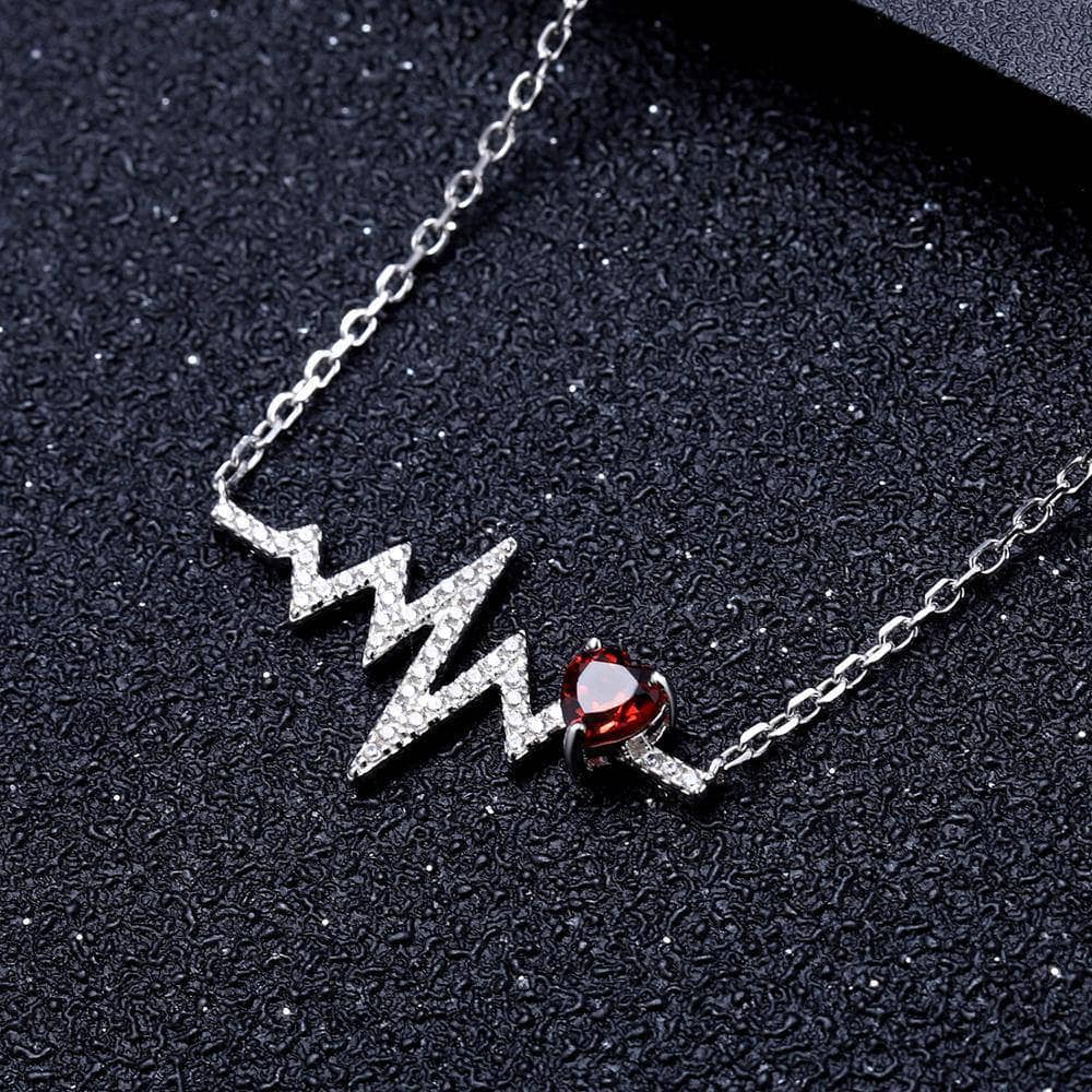 Natural Red Garnet Heartbeat Love Pendant Necklace-Black Diamonds New York