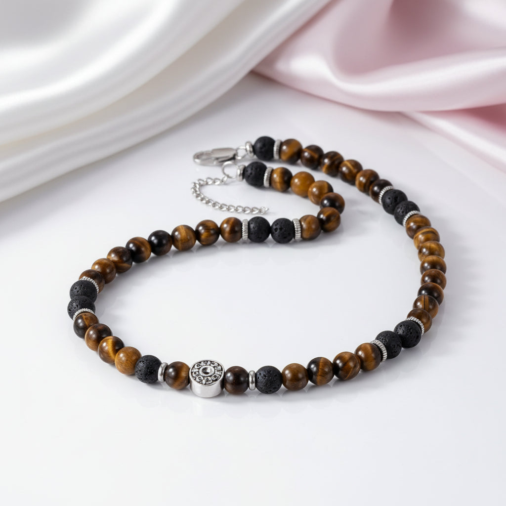 Red Tiger Eyes Bead Men's Necklace-Black Diamonds New York