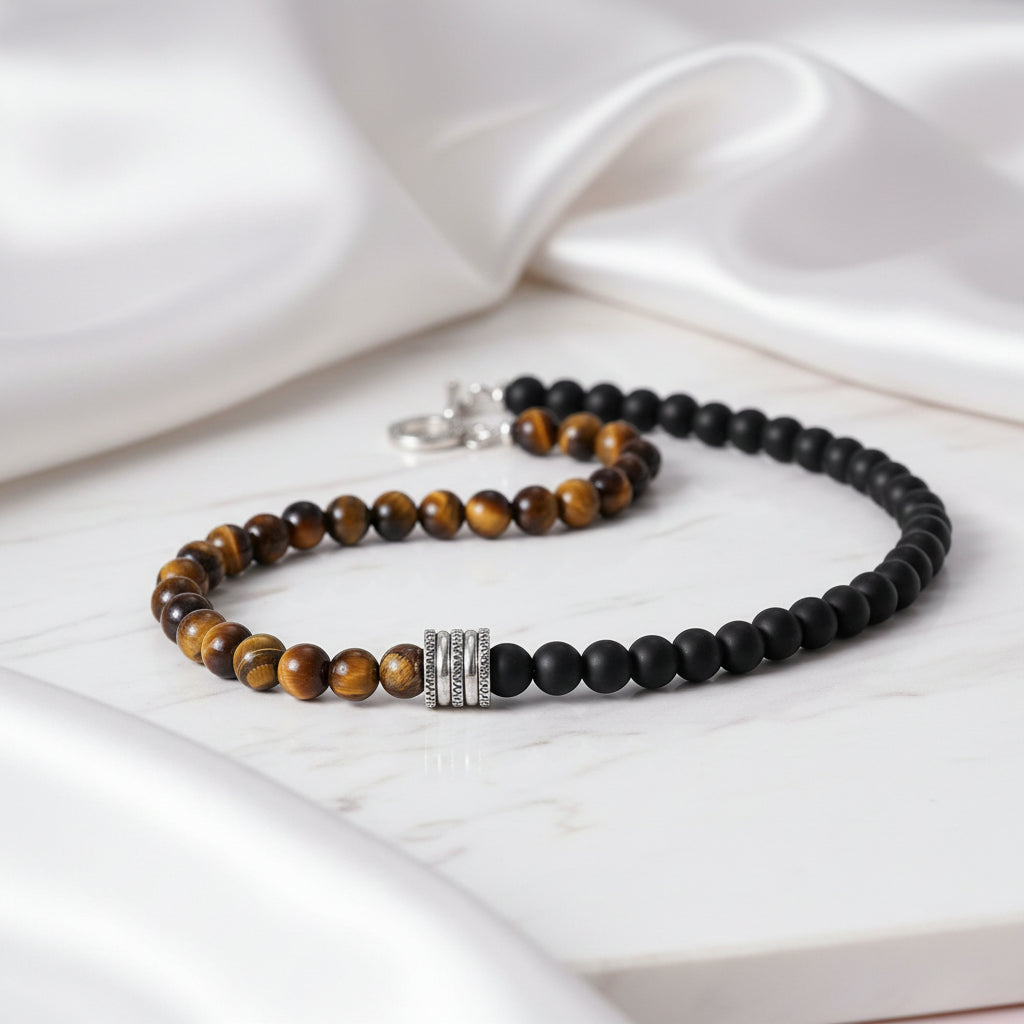 Red Tiger Eyes Bead Men's Necklace-Black Diamonds New York