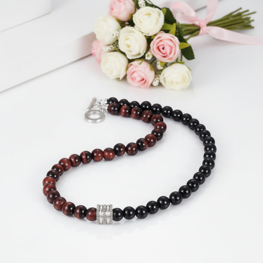 Red Tiger Eyes Bead Men's Necklace-Black Diamonds New York