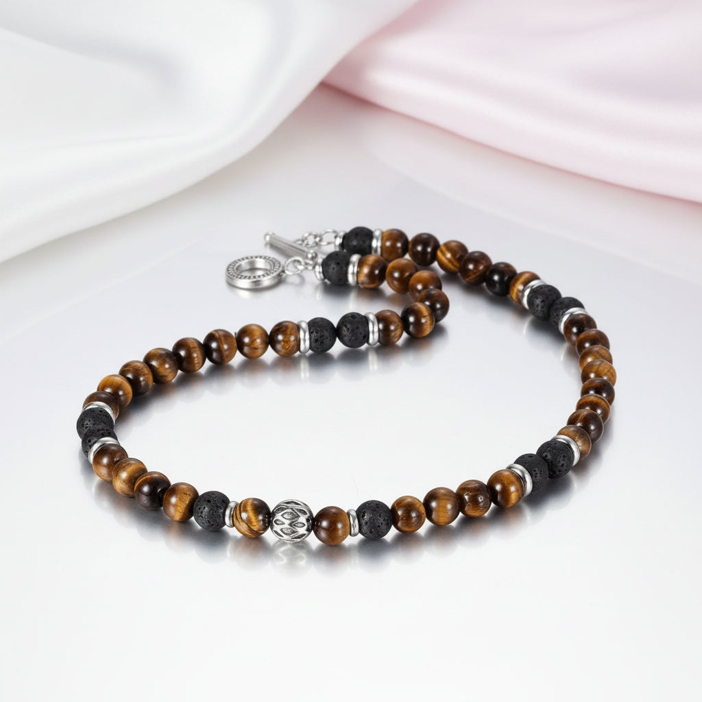 Red Tiger Eyes Bead Men's Necklace-Black Diamonds New York