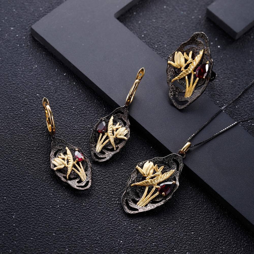 Natural Rhodolite Garnet Dragonfly Lotus Flower Adjustable Ring - Black Diamonds New York