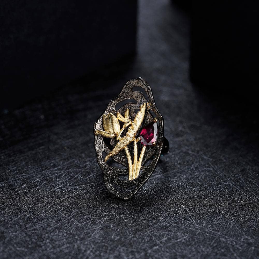 Natural Rhodolite Garnet Dragonfly Lotus Flower Adjustable Ring-Black Diamonds New York