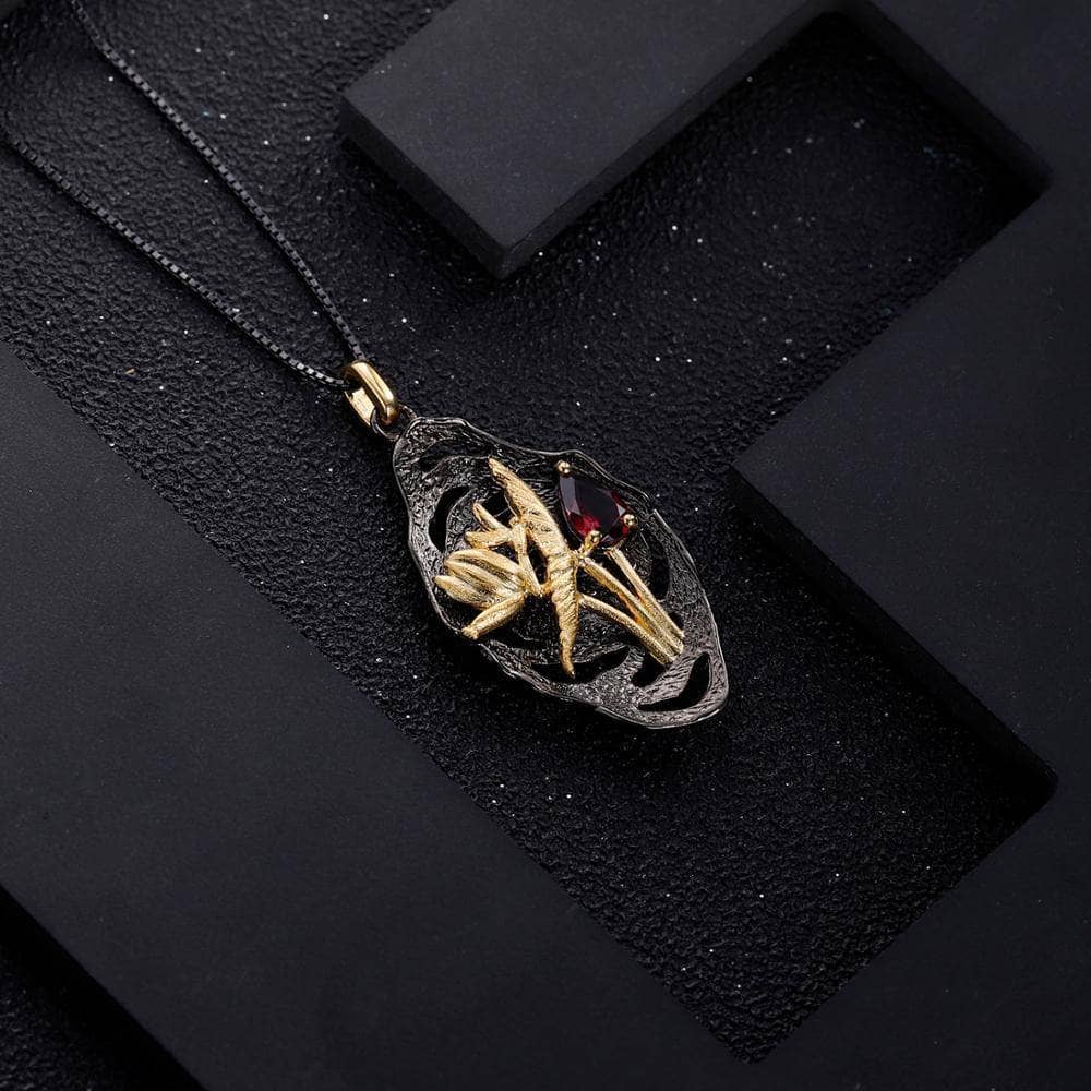 Natural Rhodolite Garnet Dragonfly Lotus Flower Pendant Necklace-Black Diamonds New York