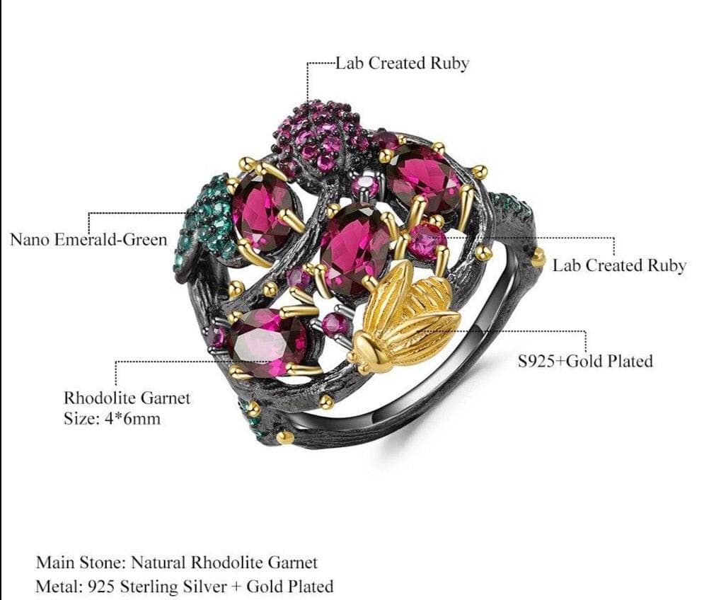 Natural Rhodolite Garnet Gemstone Gold Bee on Branch Rings-Black Diamonds New York