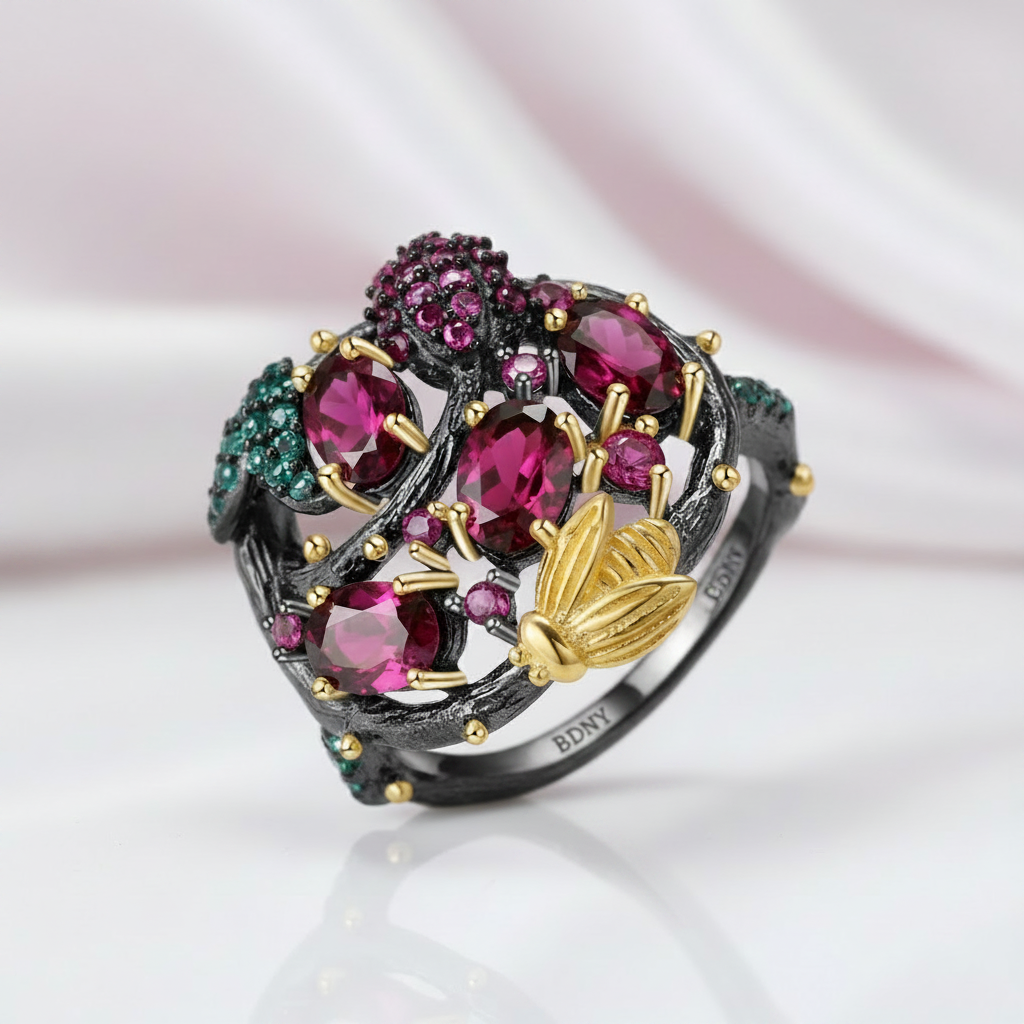 Rhodolite Garnet Gemstone Gold Bee on Branch Ring-Black Diamonds New York
