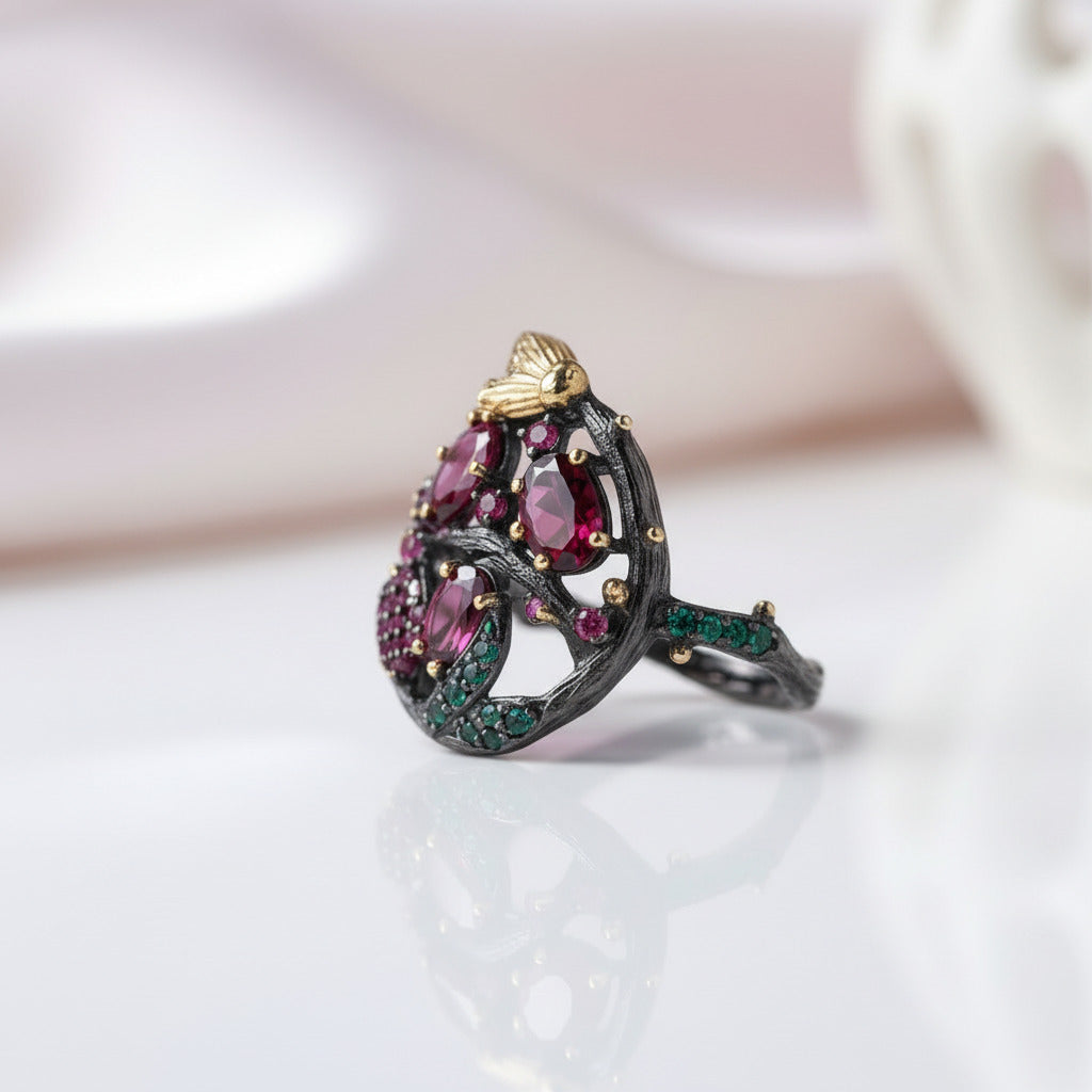Rhodolite Garnet Gemstone Gold Bee on Branch Ring-Black Diamonds New York