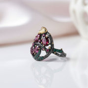 Rhodolite Garnet Gemstone Gold Bee on Branch Ring-Black Diamonds New York