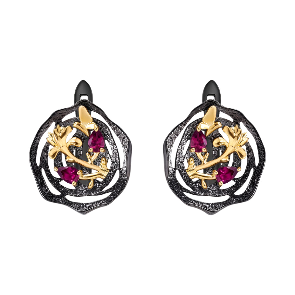 Natural Rhodolite Garnet Lotus Earrings-Black Diamonds New York