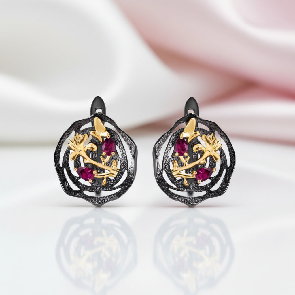 Rhodolite Garnet Lotus Earrings-Black Diamonds New York