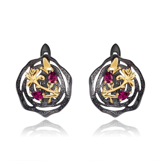 Natural Rhodolite Garnet Lotus Earrings