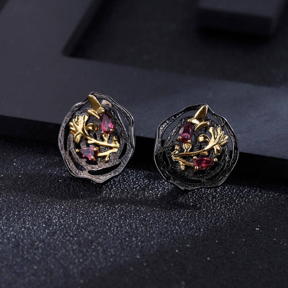 Natural Rhodolite Garnet Lotus Earrings-Black Diamonds New York