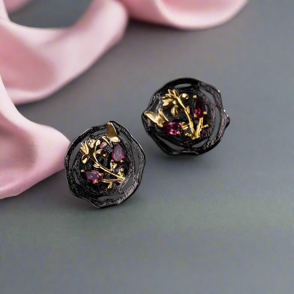 Natural Rhodolite Garnet Lotus Earrings-Black Diamonds New York