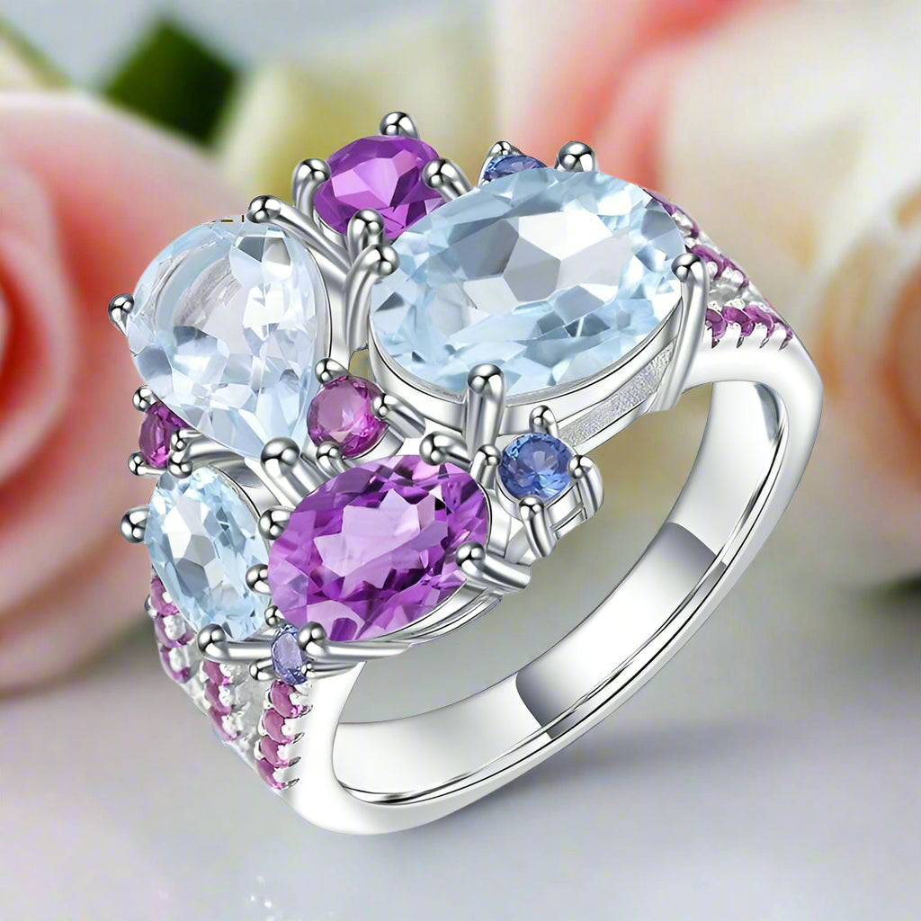 Natural Sky Blue Topaz Amethyst Candy Ring-Black Diamonds New York