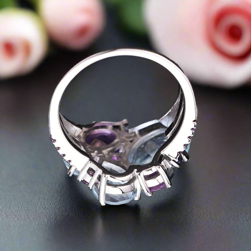 Natural Sky Blue Topaz Amethyst Candy Ring-Black Diamonds New York