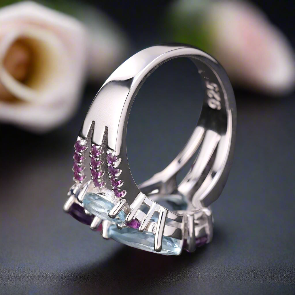 Natural Sky Blue Topaz Amethyst Candy Ring-Black Diamonds New York