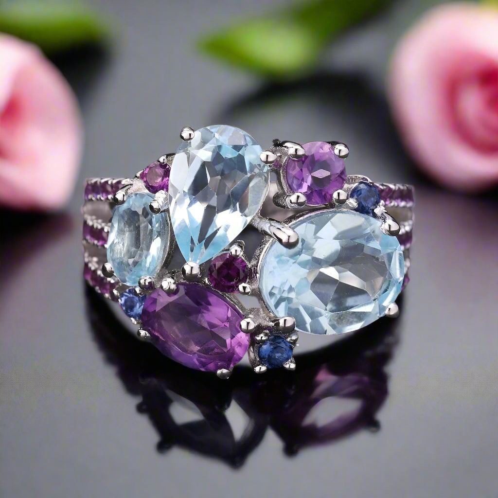 Natural Sky Blue Topaz Amethyst Candy Ring-Black Diamonds New York