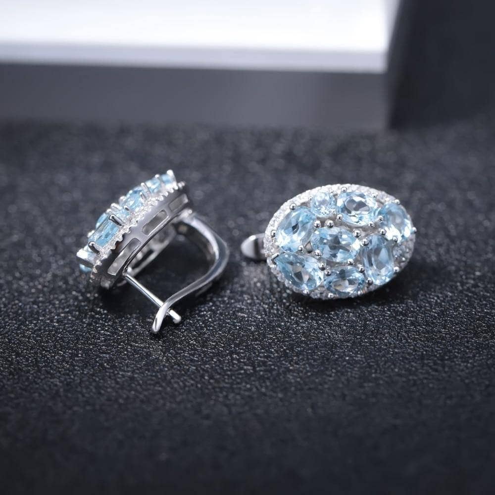 Natural Sky Blue Topaz Oval Clip Earrings-Black Diamonds New York
