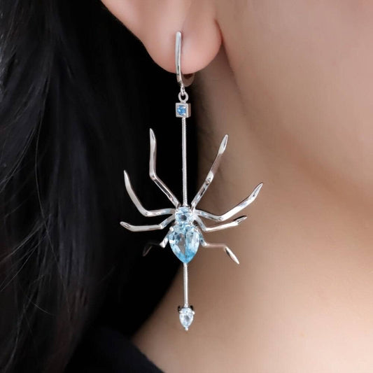 Natural Sky Blue Topaz Spider Vintage Drop Earrings-Black Diamonds New York