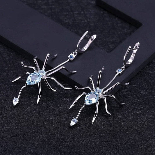 Natural Sky Blue Topaz Spider Vintage Drop Earrings-Black Diamonds New York