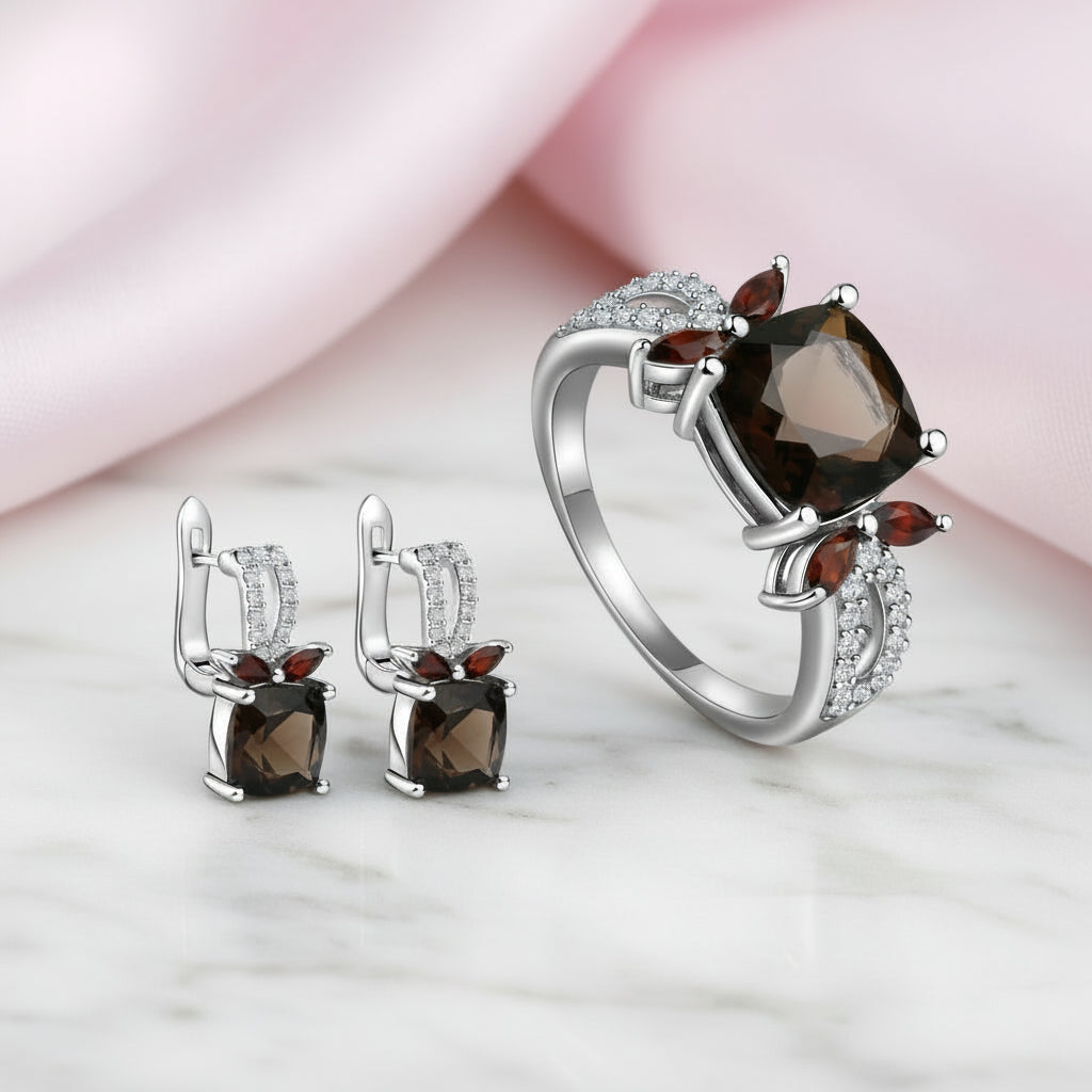 Smoky Quartz Garnet Jewelry Set-Black Diamonds New York