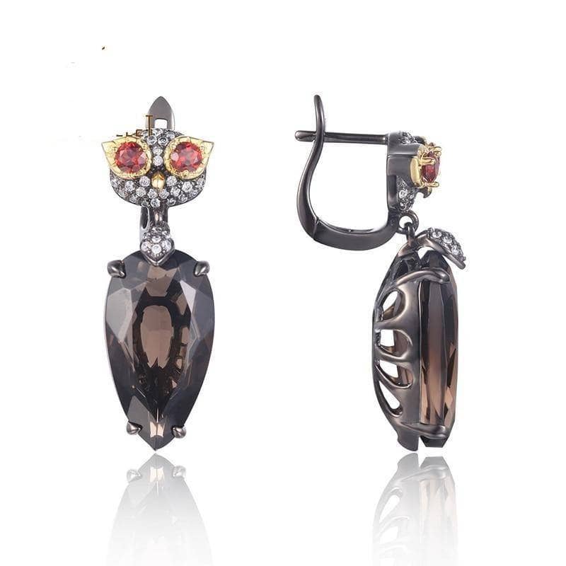 Natural Smoky Quartz Owl Design Drop Earrings-Black Diamonds New York