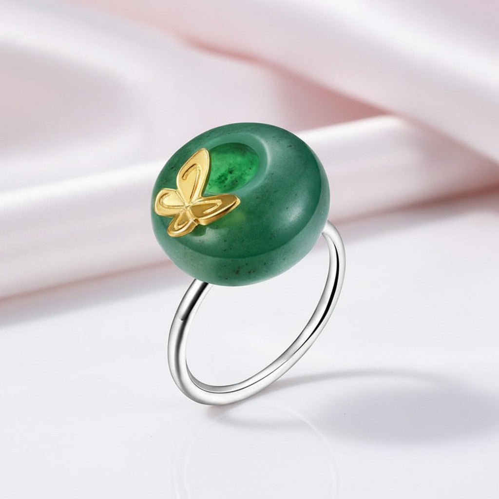 Jade Stone Butterfly Open Ring-Black Diamonds New York