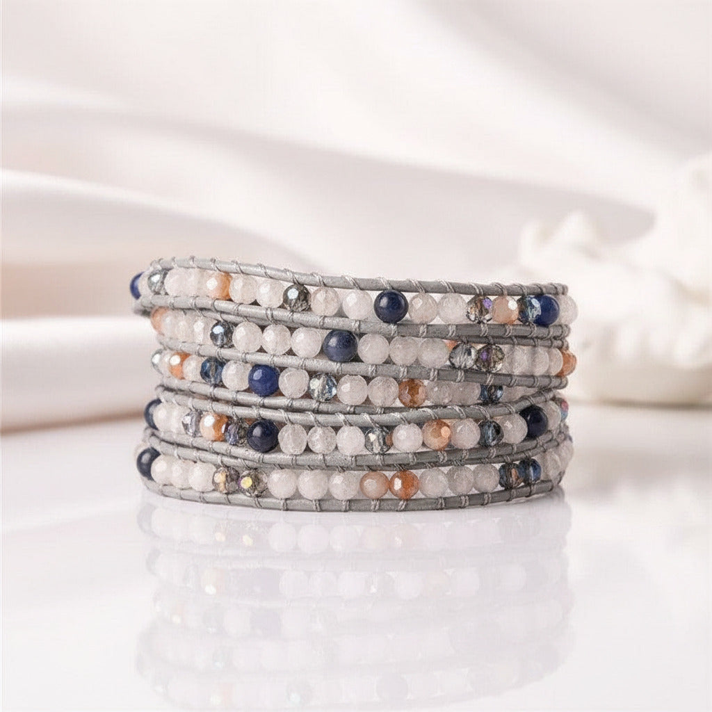 Natural Stone & Leather Wrap Bohemian Bracelet-Black Diamonds New York