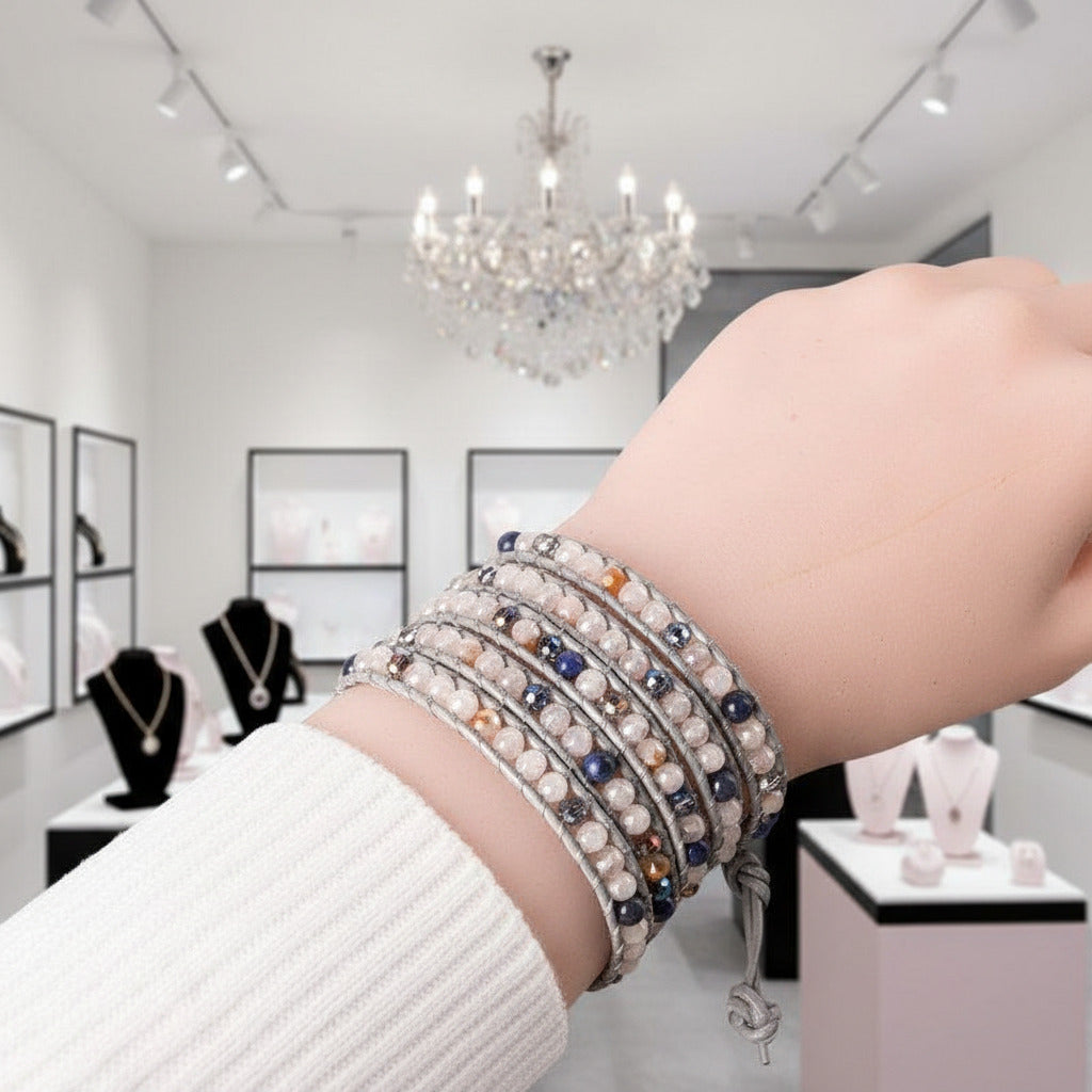 Natural Stone & Leather Wrap Bohemian Bracelet-Black Diamonds New York